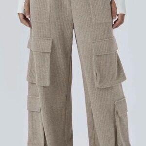 Halara Ribbed Mid Rise Drawstring Wide Leg Cargo Pants  Size XS Ivory Cream